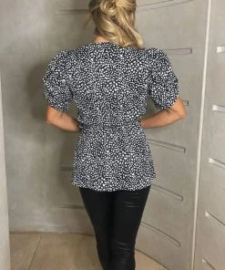 AX Paris Black Printed Short Ruffle Sleeve Wrap Top