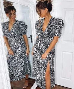 AX Paris Black Printed Split Leg Midi Dress 8 AX Paris Black Printed Split Leg Midi Dress