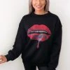 AX Paris Tops Black Red Lips Sweatshirt