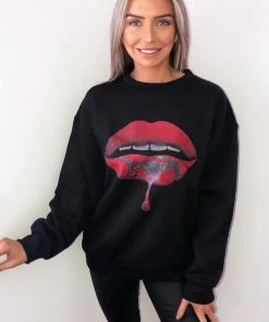 AX Paris Tops Black Red Lips Sweatshirt