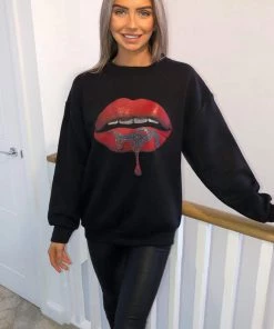 AX Paris Tops Black Red Lips Sweatshirt