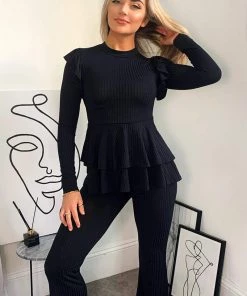 AX Paris Black Ribbed Frilled Hem Lounge Suit