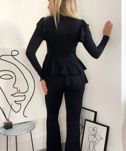 AX Paris Black Ribbed Frilled Hem Lounge Suit