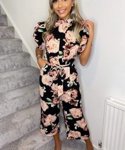 AX Paris Jumpsuits And Playsuits Black Rose Print Puff Sleeve Tie Waist Jumpsuit