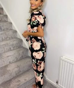 AX Paris Jumpsuits And Playsuits Black Rose Print Puff Sleeve Tie Waist Jumpsuit
