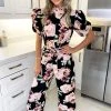 AX Paris Jumpsuits And Playsuits Black Rose Print Puff Sleeve Tie Waist Jumpsuit