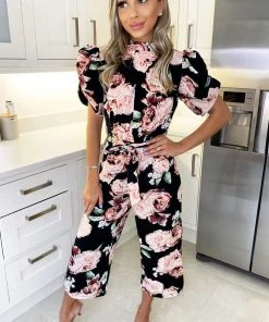 AX Paris Jumpsuits And Playsuits Black Rose Print Puff Sleeve Tie Waist Jumpsuit