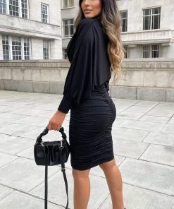 AX Paris Dresses Black Ruched Bat Wing Sleeve Midi Dress