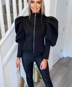 AX Paris Black Scuba Puff Sleeve Jacket