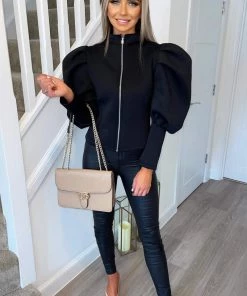 AX Paris Black Scuba Puff Sleeve Jacket