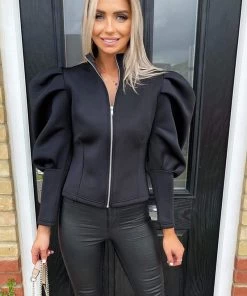 AX Paris Black Scuba Puff Sleeve Jacket