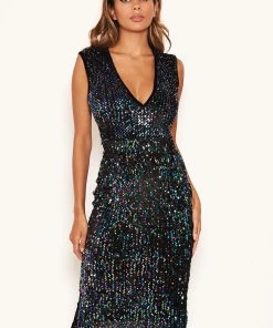 AX Paris Black Sequin Velvet V Neck Midi Dress