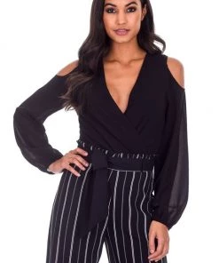 AX Paris Black Sleeved Plunge Bodysuit Tops