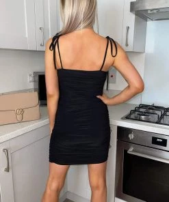 AX Paris Black Slinky Tie Strap Ruched Bodycon Dress