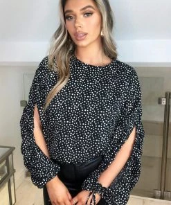 AX Paris Tops Black Spotty Gathered Split Sleeve Blouse