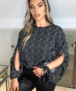 AX Paris Tops Black Spotty Gathered Split Sleeve Blouse