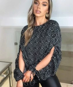 AX Paris Tops Black Spotty Gathered Split Sleeve Blouse
