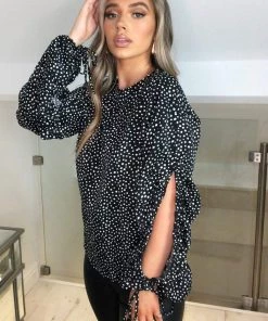 AX Paris Tops Black Spotty Gathered Split Sleeve Blouse