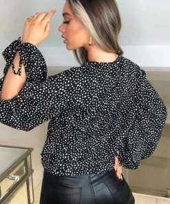 AX Paris Tops Black Spotty Gathered Split Sleeve Blouse
