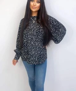 AX Paris Black Spotty High Neck Wide Sleeve Top Tops