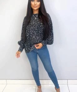 AX Paris Black Spotty High Neck Wide Sleeve Top Tops