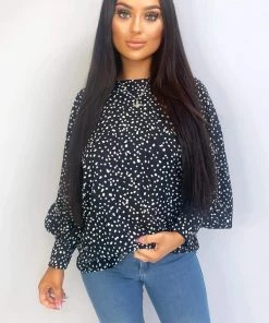 AX Paris Black Spotty High Neck Wide Sleeve Top Tops