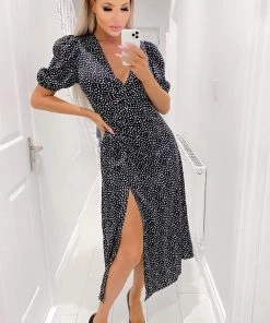AX Paris Black Spotty Wrap Over Split Midi Dress