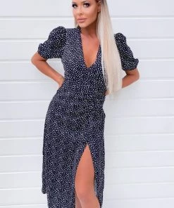 AX Paris Black Spotty Wrap Over Split Midi Dress