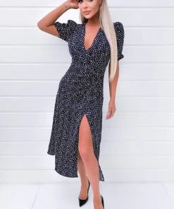 AX Paris Black Spotty Wrap Over Split Midi Dress