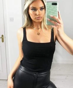 AX Paris Black Square Neck Basic Bodysuit Tops