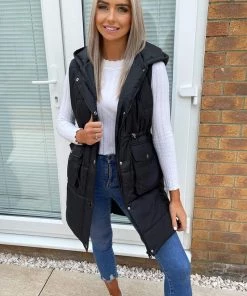 AX Paris Black Square Pocket Hooded Gilet