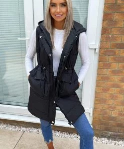 AX Paris Black Square Pocket Hooded Gilet