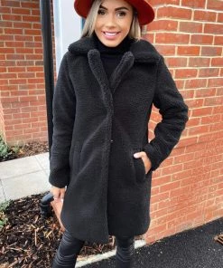 AX Paris Black Teddy Faux Fur Coat With Collar Coats & Jackets