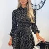 AX Paris Dresses Black Tie Waist Button Up Long Sleeve Dress