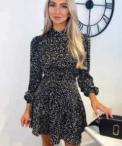 AX Paris Dresses Black Tie Waist Button Up Long Sleeve Dress