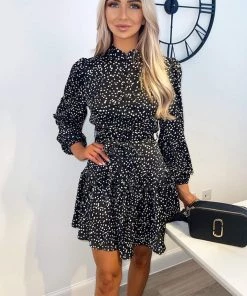 AX Paris Dresses Black Tie Waist Button Up Long Sleeve Dress
