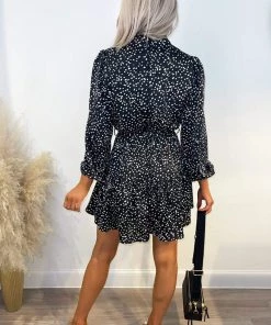 AX Paris Dresses Black Tie Waist Button Up Long Sleeve Dress