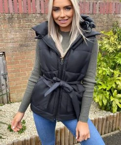 AX Paris Black Tie Waist Hooded Gilet Coats & Jackets