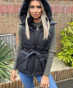 AX Paris Black Tie Waist Hooded Gilet Coats & Jackets