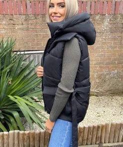 AX Paris Black Tie Waist Hooded Gilet Coats & Jackets