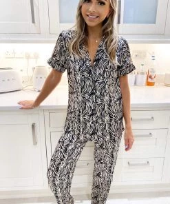 AX Paris Tops Black Zebra Print Satin Long PJ Set