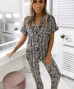 AX Paris Tops Black Zebra Print Satin Long PJ Set
