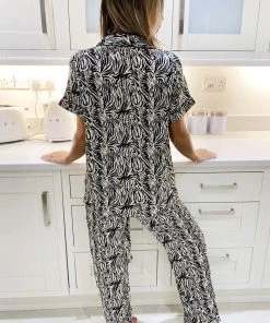 AX Paris Tops Black Zebra Print Satin Long PJ Set