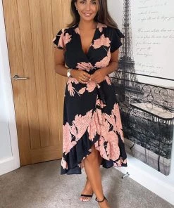 AX Paris Black And Blush Floral Print Wrap Midi Dress Dresses