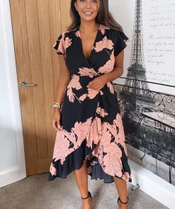 AX Paris Black And Blush Floral Print Wrap Midi Dress Dresses