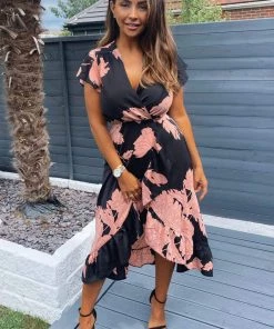 AX Paris Black And Blush Floral Print Wrap Midi Dress Dresses