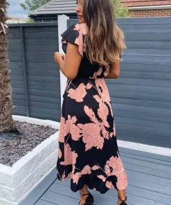 AX Paris Black And Blush Floral Print Wrap Midi Dress Dresses