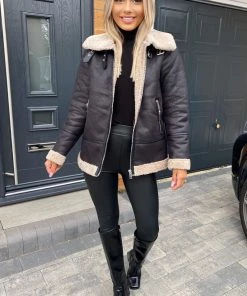 AX Paris Coats & Jackets Black And Cream Faux Suede Aviator Jacket