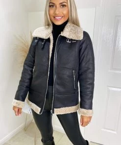 AX Paris Coats & Jackets Black And Cream Faux Suede Aviator Jacket