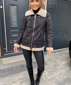 AX Paris Coats & Jackets Black And Cream Faux Suede Aviator Jacket